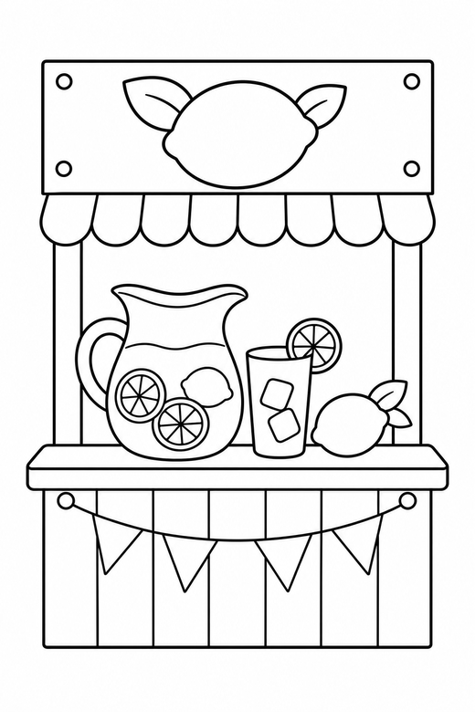 Lemonade stand: A small lemonade stand with a jug and a sign, free printable coloring page