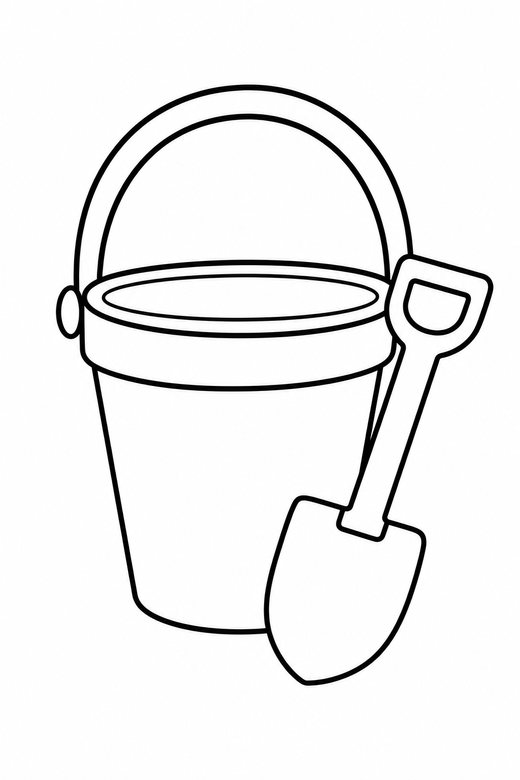 Bucket and spade: A sand bucket with a spade leaning against it, free printable coloring page