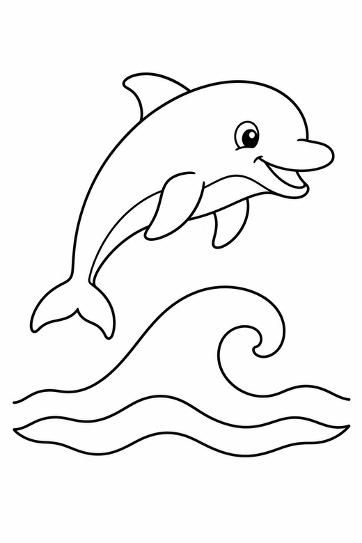 Dolphin jumping: A dolphin leaping above a simple wave, free printable coloring page