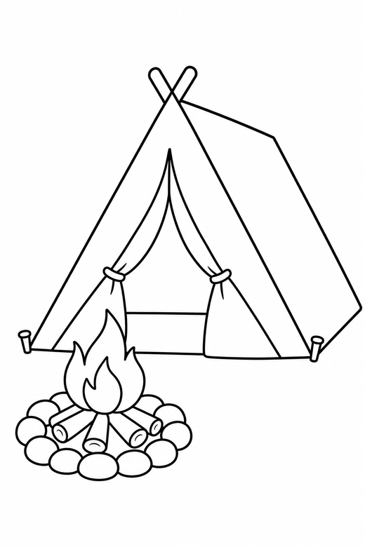 Camping tent: A triangular tent with a small campfire beside it, free printable coloring page