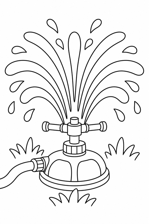 Sprinkler in the garden: A garden sprinkler with arcs of water, free printable coloring page