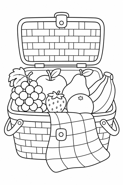 Picnic basket: An open picnic basket with fruit and a blanket, free printable coloring page