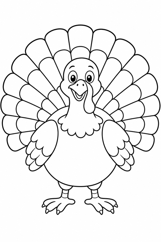 Turkey with spread tail: A turkey standing with its tail feathers fanned out in a wide arc, free printable coloring page