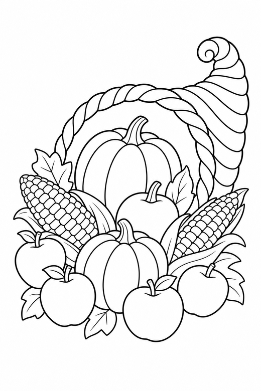 Harvest cornucopia: A cornucopia basket spilling pumpkins, corn and apples, free printable coloring page