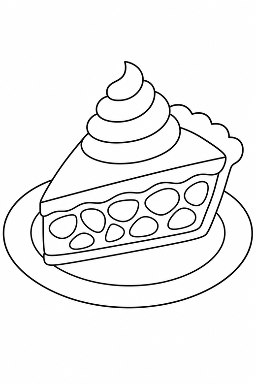 Pumpkin pie slice: A slice of pie on a plate with a swirl of cream on top, free printable coloring page