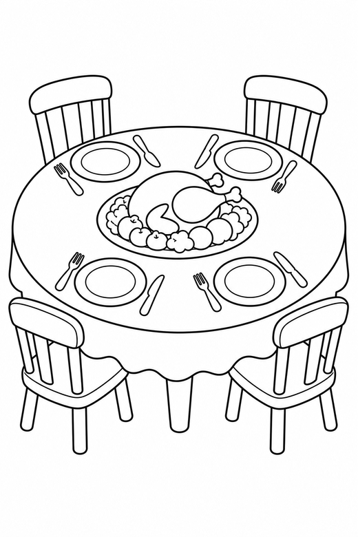 Family dinner table: A table set with a large platter, plates and chairs around it, free printable coloring page