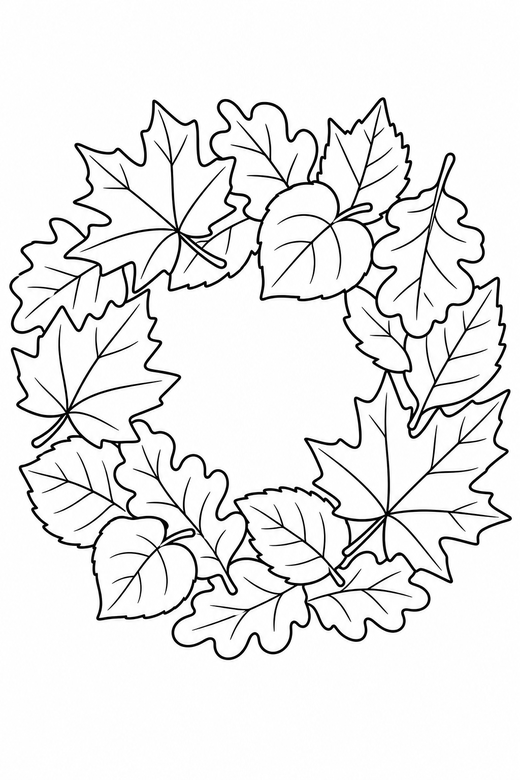 Autumn leaf wreath: A ring of overlapping autumn leaves forming a wreath, free printable coloring page