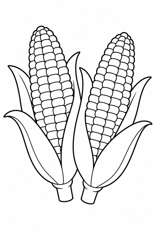 Corn on the cob: Two ears of corn with the husks peeled back, free printable coloring page