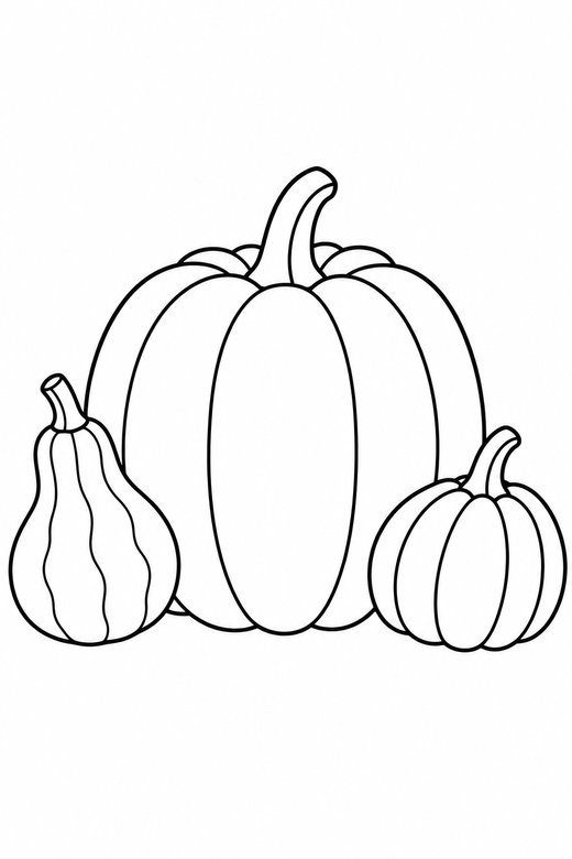 Pumpkin and gourds: A large pumpkin flanked by two smaller gourds, free printable coloring page