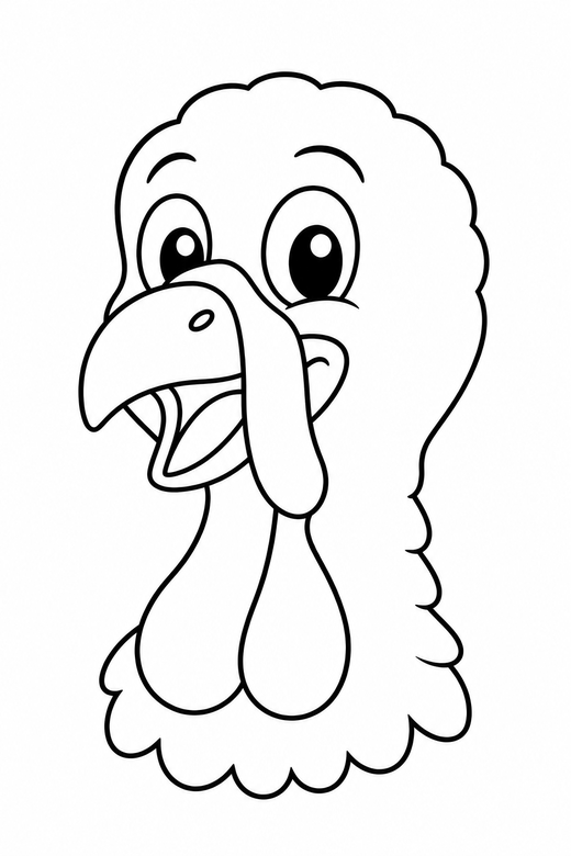 Turkey face close-up: A turkey head close-up with a wattle and rounded beak, free printable coloring page