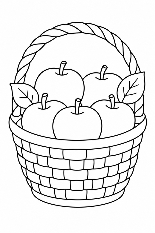 Apple basket: A woven basket filled with round apples and two leaves, free printable coloring page