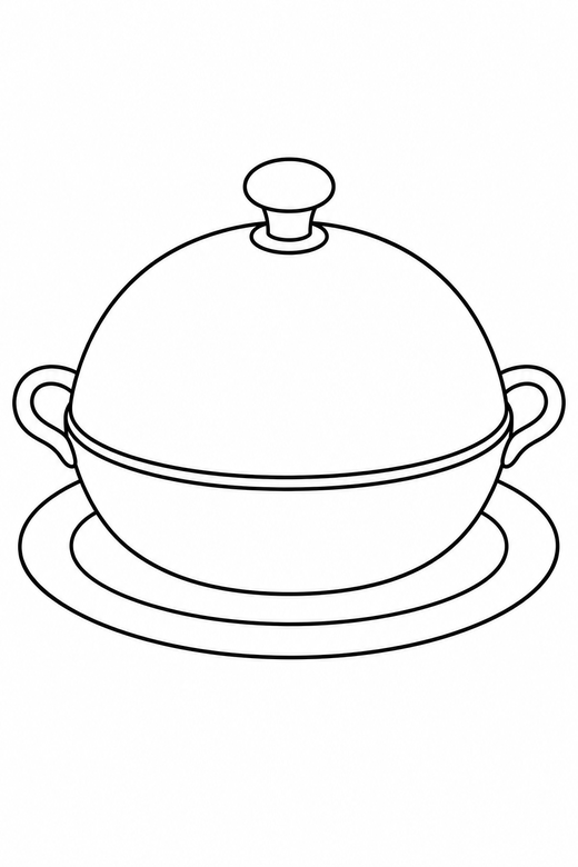 Table platter on a plate: A large serving platter with a domed lid set on a plain plate on a plain background with generous white space, free printable coloring page