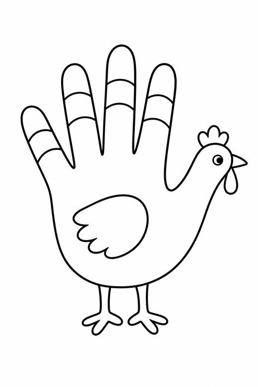 Turkey drawn from a hand: A hand outline turned into a turkey with tail feathers, free printable coloring page