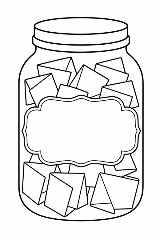 Thankful jar: A jar with folded notes inside and a label on the front, free printable coloring page