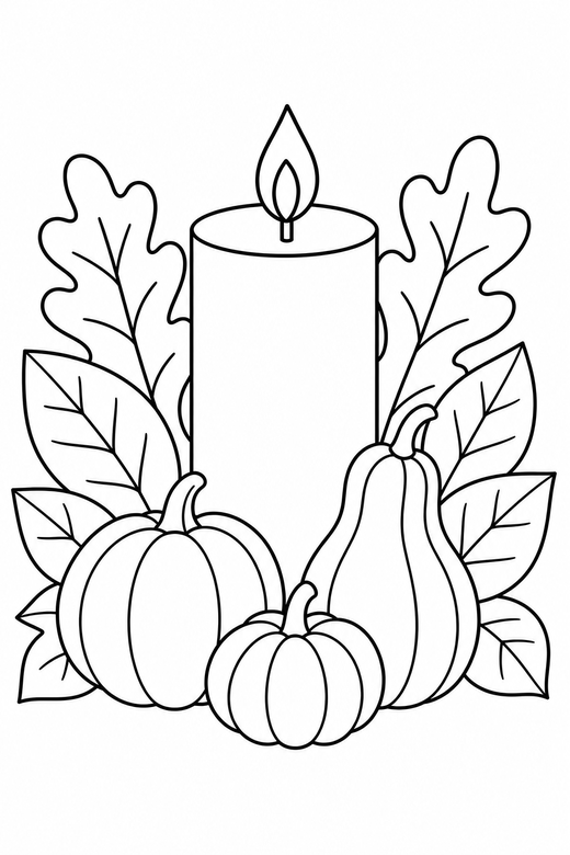 Table centrepiece: A candle surrounded by leaves and small gourds, free printable coloring page