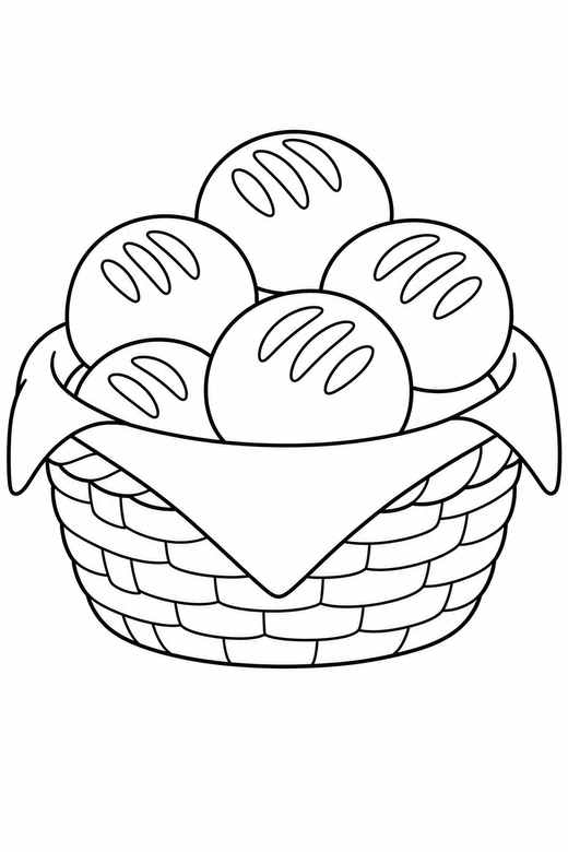 Bread rolls in a basket: A basket of round bread rolls with a cloth, free printable coloring page