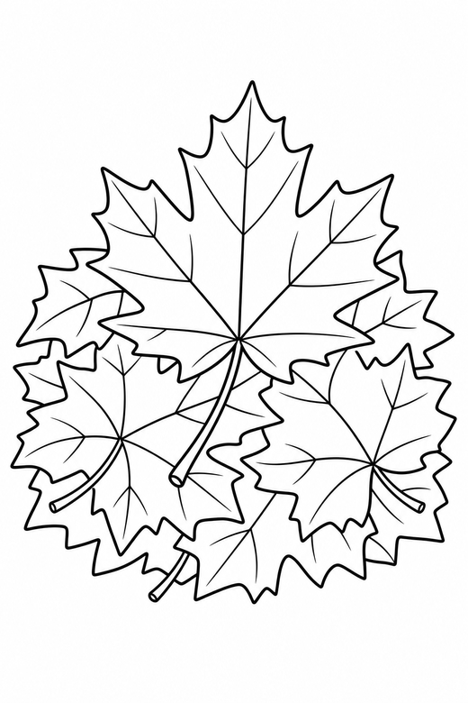Maple leaf pile: A heap of maple leaves with one leaf on top, free printable coloring page