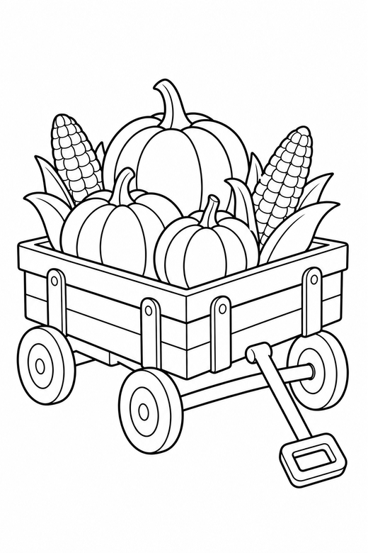Fall harvest wagon: A small wooden wagon loaded with pumpkins and corn, free printable coloring page