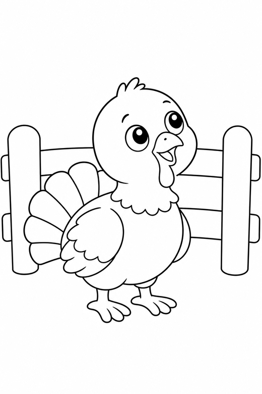 Turkey chick looking up by a fence: A small round turkey chick looking upward beside a low wooden fence, free printable coloring page