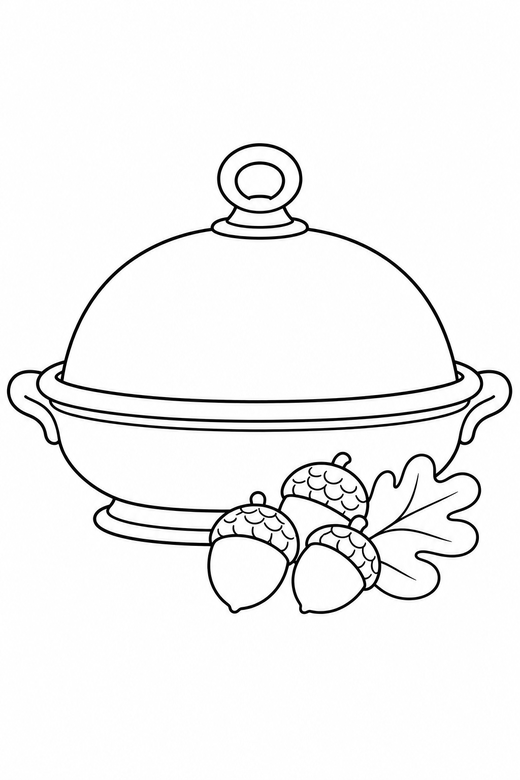 Table platter side view with acorns: A large serving platter with a domed lid shown from the side with acorns beside it, free printable coloring page