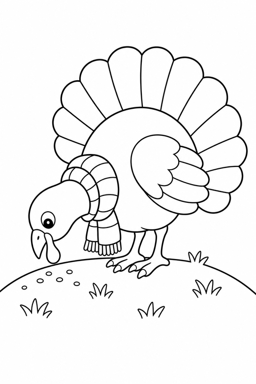 Turkey with a scarf pecking on a hill: A turkey wearing a knitted scarf pecking at the ground on a low grassy hill, free printable coloring page