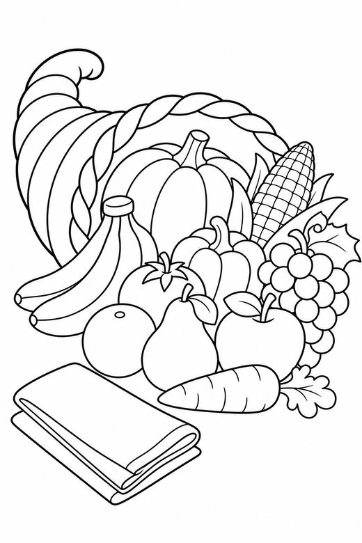 Cornucopia close up with a napkin: A cornucopia spilling fruit and vegetables drawn large and close up with a folded napkin nearby, free printable coloring page