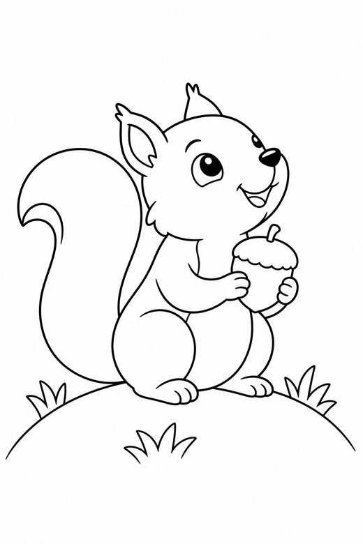 Squirrel looking up on a hill: A squirrel holding an acorn looking upward on a low grassy hill, free printable coloring page