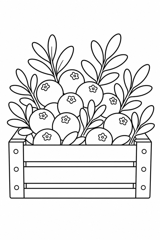 Cranberry sprig in a crate: A sprig of round cranberries with narrow leaves arranged inside a wooden crate on a plain background with generous white space, free printable coloring page