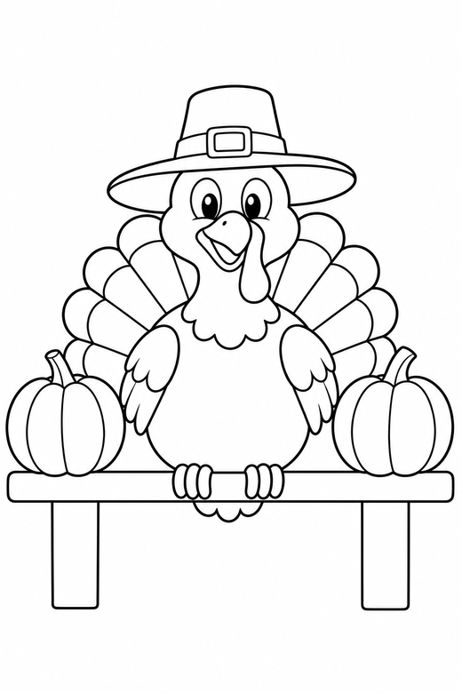Turkey in a hat perched with pumpkins: A turkey wearing a wide brimmed hat perched on a rail between two pumpkins, free printable coloring page