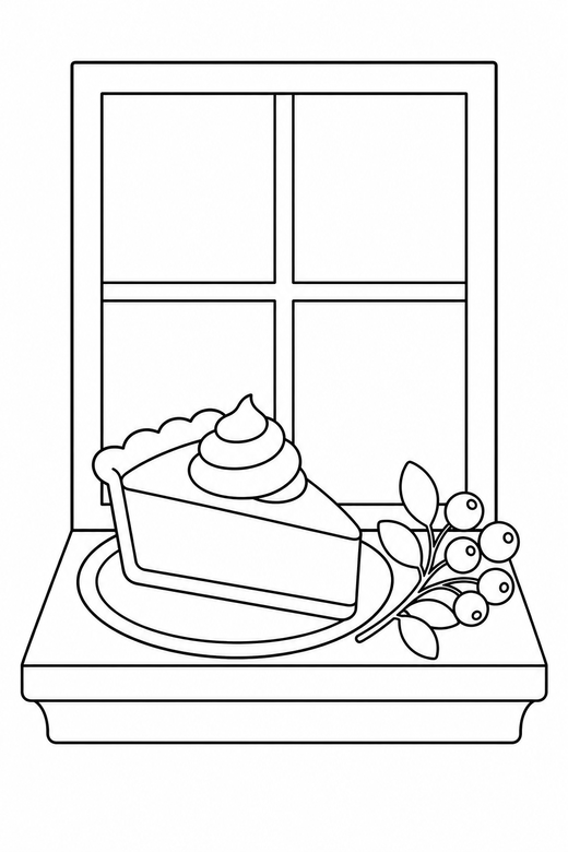 Pie slice on a windowsill with a sprig: A single slice of pie with a swirl of cream resting on a windowsill with a sprig of berries alongside, free printable coloring page