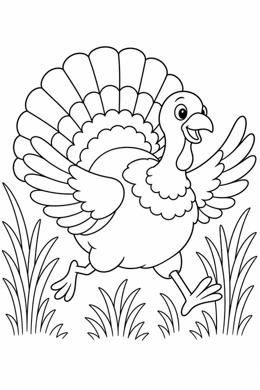 Large turkey running in tall grass: A large turkey with a full tail spread running with its wings out among tall dry grass, free printable coloring page
