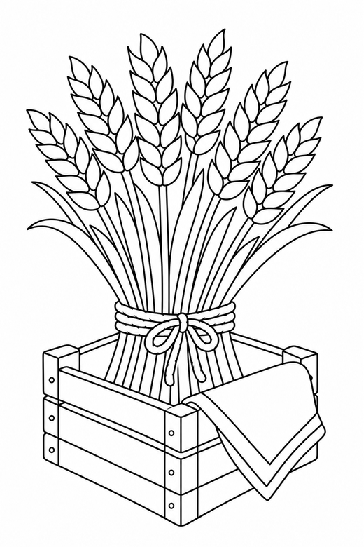 Wheat bundle in a crate with a napkin: A bundle of wheat tied with twine arranged inside a wooden crate with a folded napkin nearby, free printable coloring page