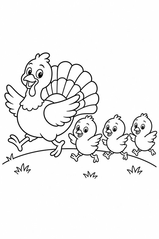 Turkey family running on a hill: A turkey followed by three chicks running with their wings out on a low grassy hill, free printable coloring page