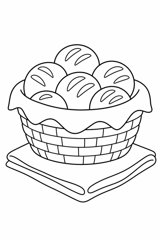 Bread rolls on a cloth: A cloth-lined basket of round bread rolls resting on a folded cloth on a plain background with generous white space, free printable coloring page