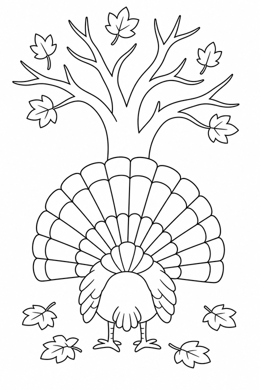 Turkey seen from behind under a tree: A turkey with a fanned tail seen from behind with its tail fanned toward you under a bare autumn tree, free printable coloring page