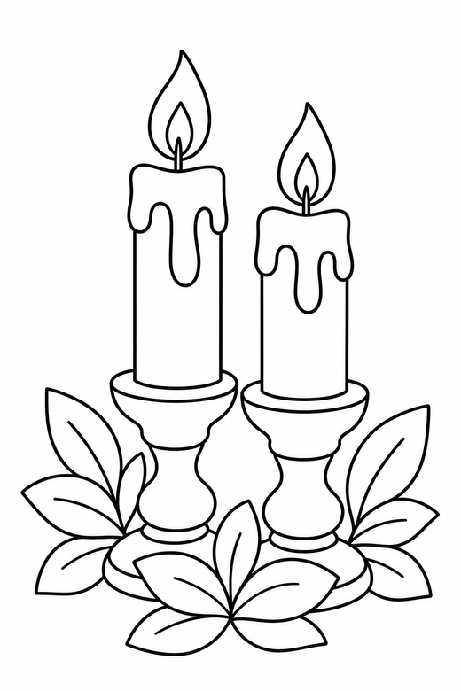 Candle centrepiece close up: Two candles in holders with leaves around the base drawn large and close up on a plain background with generous white space, free printable coloring page
