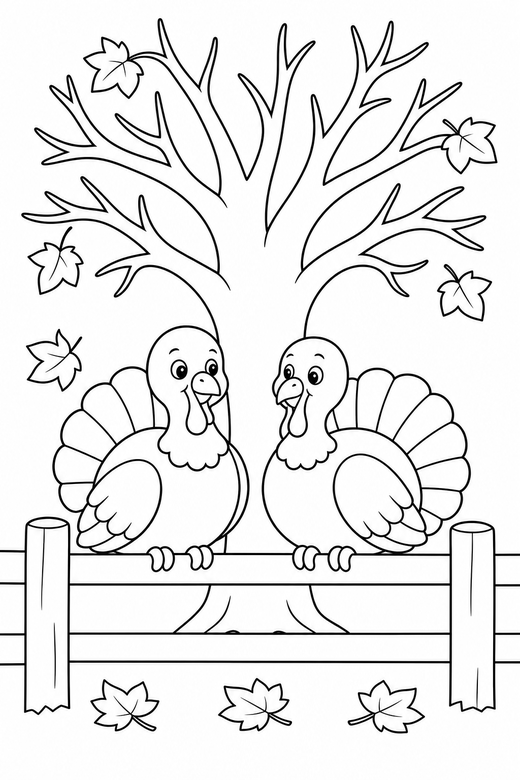 Two turkeys perched under a tree: Two turkeys together perched on a rail under a bare autumn tree, free printable coloring page