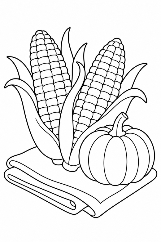 Corn cobs on a cloth with a small pumpkin: Two ears of corn with husks peeled back resting on a folded cloth with a small pumpkin alongside, free printable coloring page