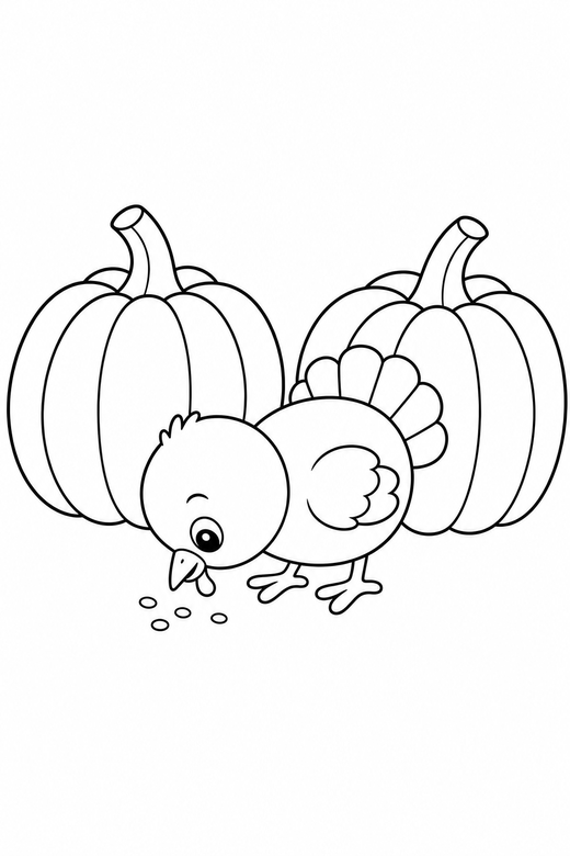 Turkey chick pecking with pumpkins: A small round turkey chick pecking at the ground between two pumpkins, free printable coloring page