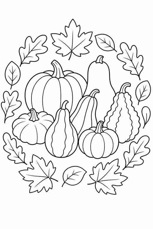 Squash and gourds side view: An assortment of squash and gourds shown from the side framed by a ring of leaves, free printable coloring page