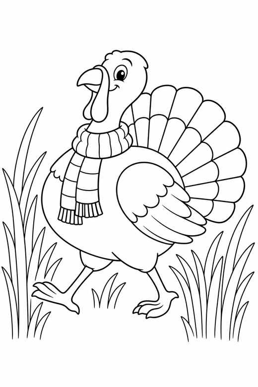 Turkey with a scarf strutting in tall grass: A turkey wearing a knitted scarf strutting with its chest out among tall dry grass, free printable coloring page