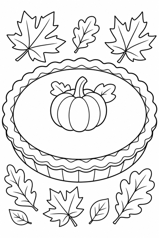 Pumpkin pie close up with leaves: A whole pumpkin pie drawn large and close up with autumn leaves scattered around, free printable coloring page