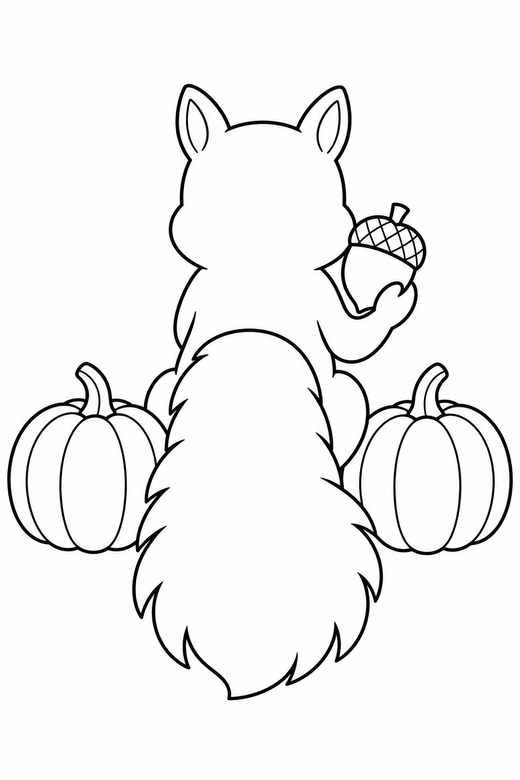 Squirrel seen from behind with pumpkins: A squirrel holding an acorn seen from behind with its tail fanned toward you between two pumpkins, free printable coloring page