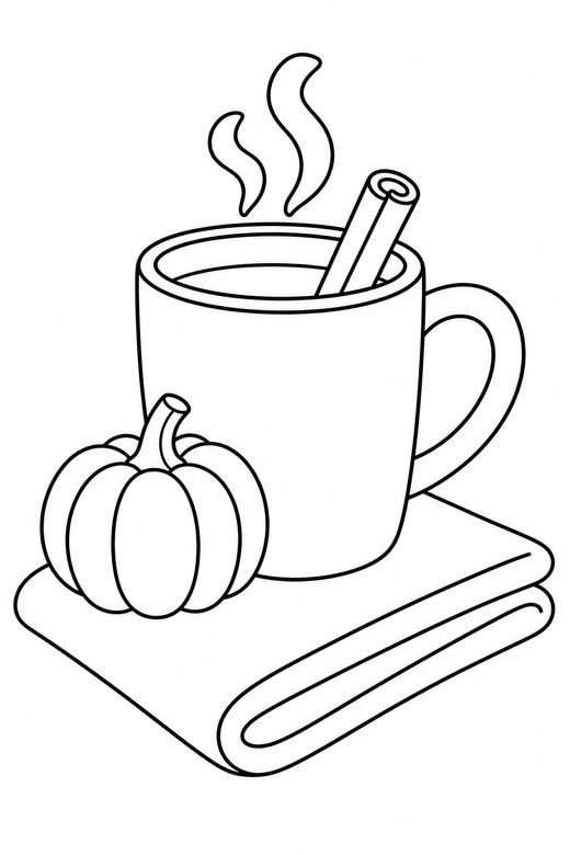 Warm drink on a cloth with a small pumpkin: A steaming mug with a cinnamon stick resting on a folded cloth with a small pumpkin alongside, free printable coloring page