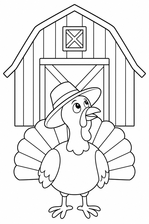 Turkey in a hat looking up by the barn: A turkey wearing a wide brimmed hat looking upward in front of a wooden barn, free printable coloring page