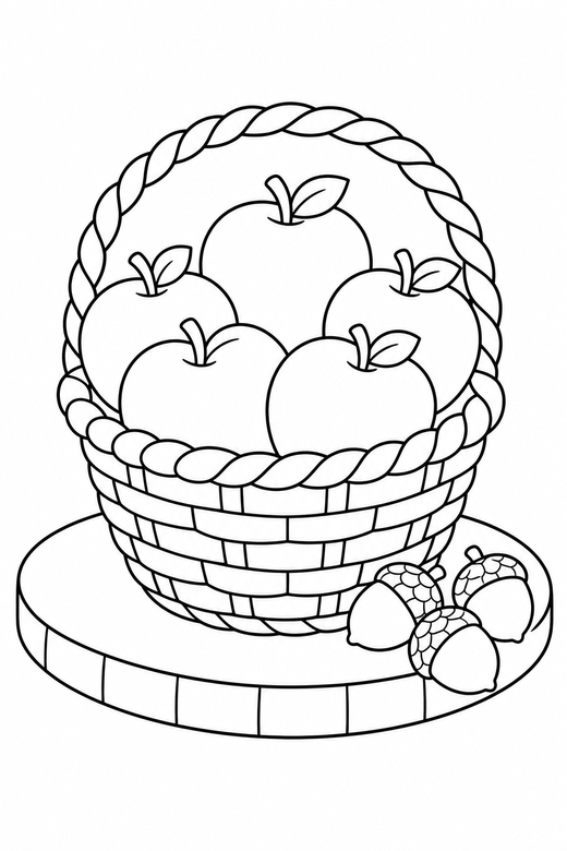 Apple basket on a board with acorns: A woven basket of round apples laid out on a wooden board with acorns beside them, free printable coloring page