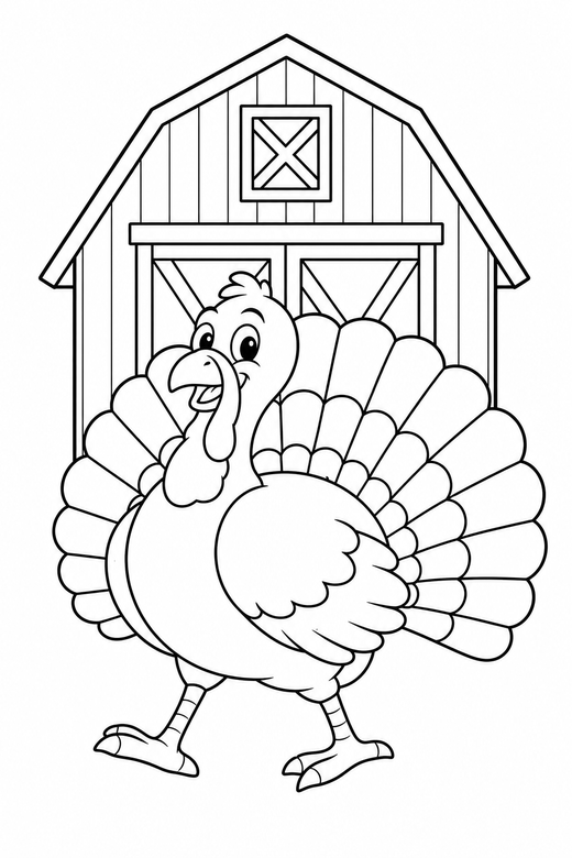 Large turkey strutting by the barn: A large turkey with a full tail spread strutting with its chest out in front of a wooden barn, free printable coloring page