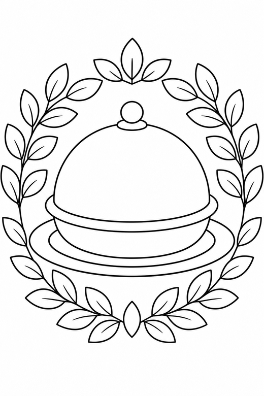Table platter on a plate framed by a wreath: A large serving platter with a domed lid set on a plain plate framed by a ring of leaves, free printable coloring page