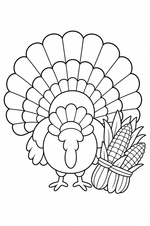 Turkey seen from behind with corn: A turkey with a fanned tail seen from behind with its tail fanned toward you beside a bundle of corn, free printable coloring page