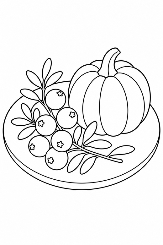 Cranberry sprig on a plate: A sprig of round cranberries with narrow leaves set on a plain plate with a small pumpkin alongside, free printable coloring page